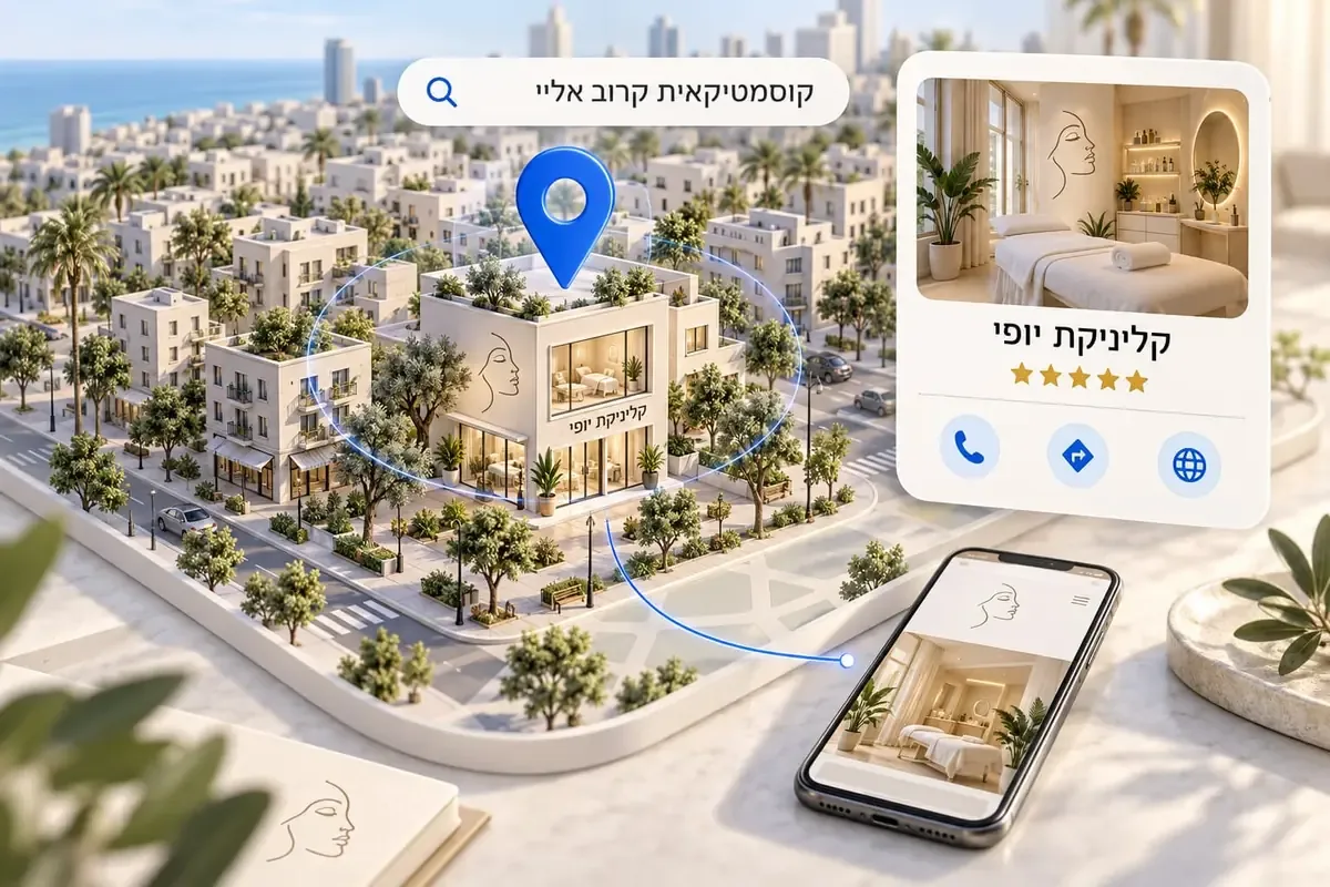 המחשת חיפוש קוסמטיקאית בקרבת מקום, עם קליניקה המסומנת במפת השכונה, כרטיס עסק ואתר מותאם לנייד