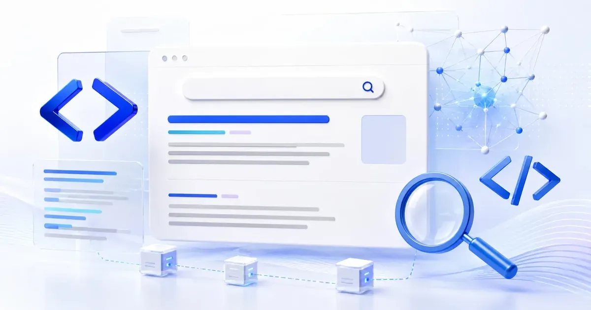 איור תלת ממדי של תוצאת חיפוש בגוגל עם זכוכית מגדלת וסימני קוד, המדמה בדיקת תגיות מטא