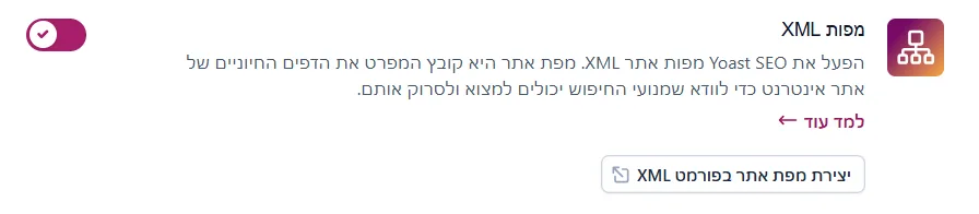 מתג מפת האתר XML בהגדרות Yoast SEO עם כפתור לפתיחת המפה