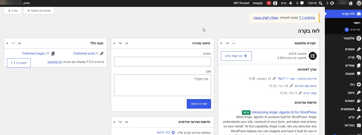 לוח הבקרה של וורדפרס בעברית, עם תפריט ניהול, אלמנטור, Yoast SEO ורשימת עמודים